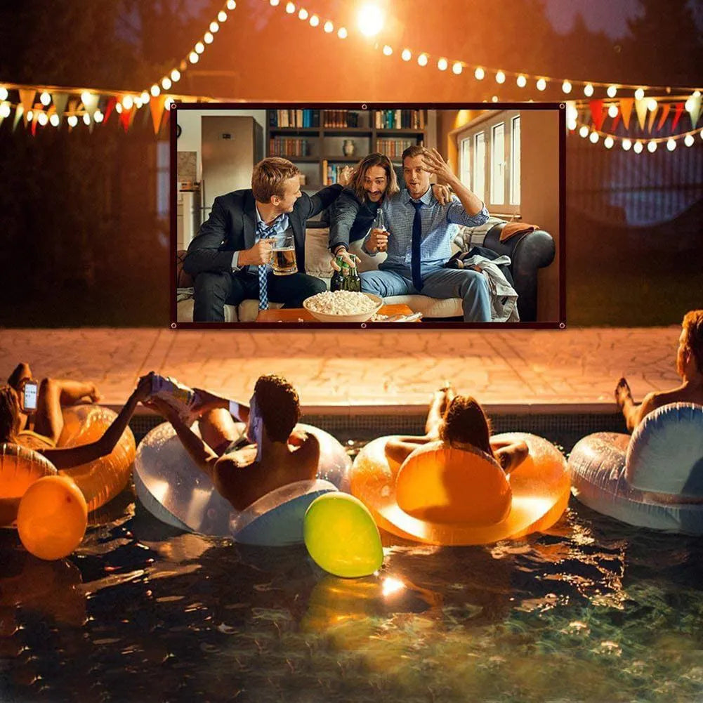 White foldable polyester projection screen showing 150-inch 4:3 size for office or home use.