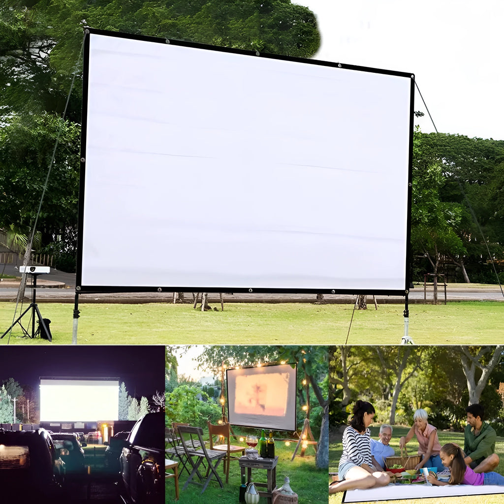 White foldable polyester projection screen showing 150-inch 4:3 size for office or home use.