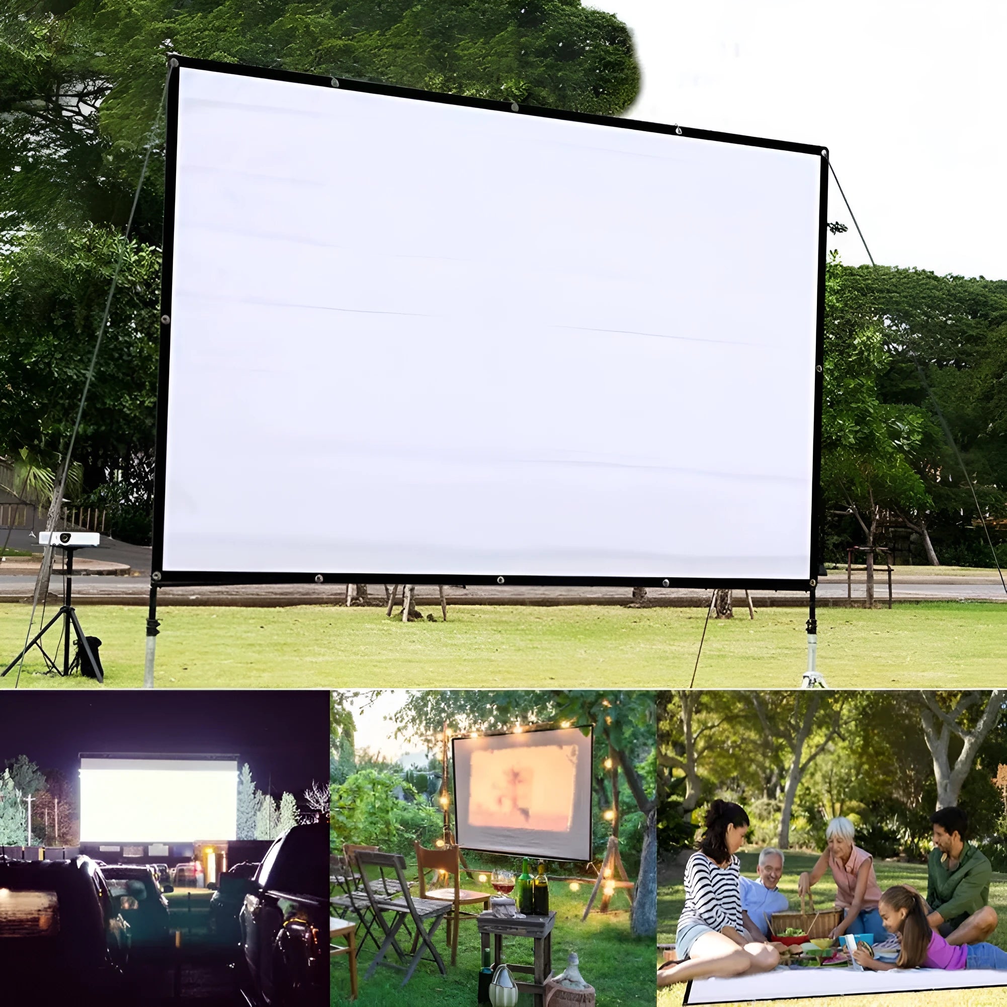 White foldable polyester projection screen showing 150-inch 4:3 size for office or home use.