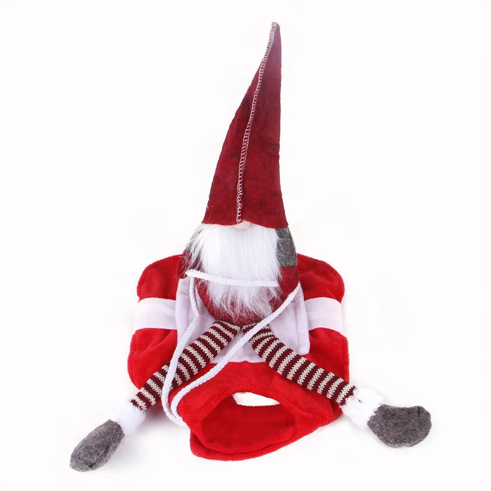 Pet Christmas riding transformation costume in red flannel Santa style with Velcro fastening on a dog or cat