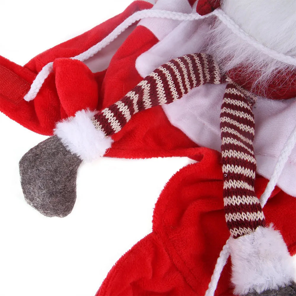Pet Christmas riding transformation costume in red flannel Santa style with Velcro fastening on a dog or cat