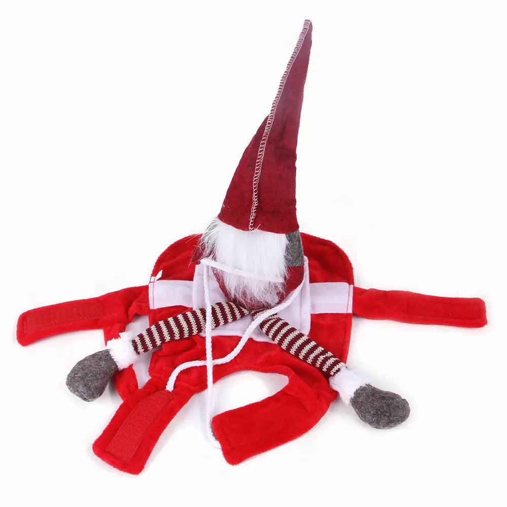 Pet Christmas riding transformation costume in red flannel Santa style with Velcro fastening on a dog or cat