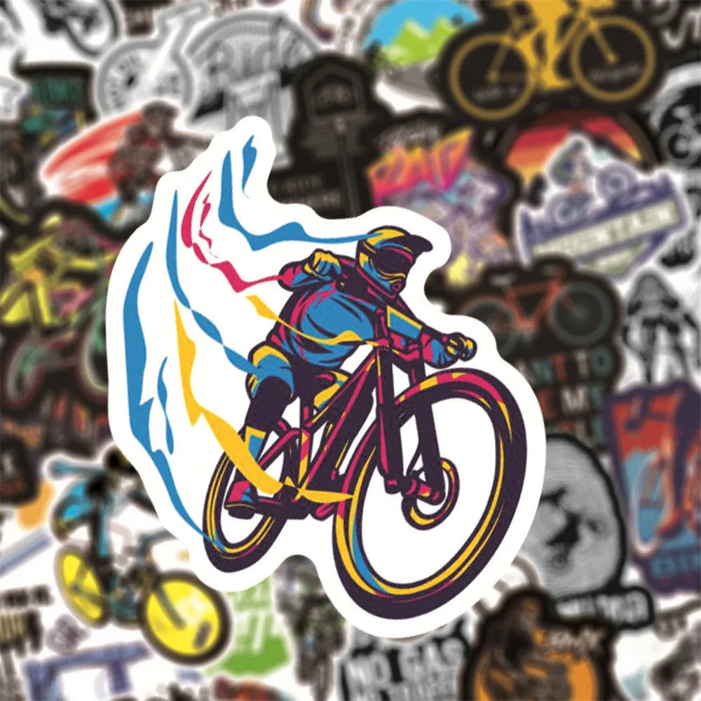 Pack of 50 colourful bicycle and mountain bike themed vinyl stickers on a backing sheet