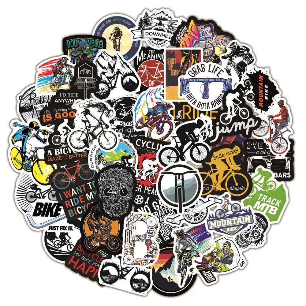 Pack of 50 colourful bicycle and mountain bike themed vinyl stickers on a backing sheet