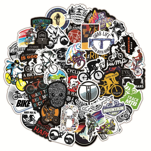 Pack of 50 colourful bicycle and mountain bike themed vinyl stickers on a backing sheet