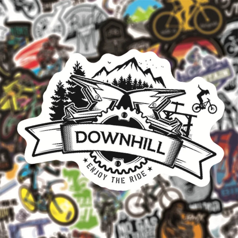 Pack of 50 colourful bicycle and mountain bike themed vinyl stickers on a backing sheet