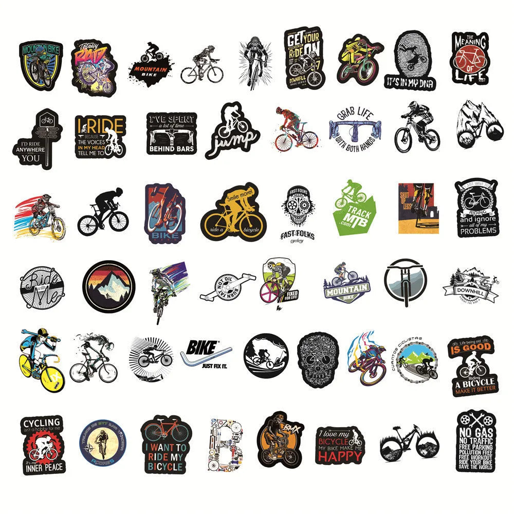 Pack of 50 colourful bicycle and mountain bike themed vinyl stickers on a backing sheet