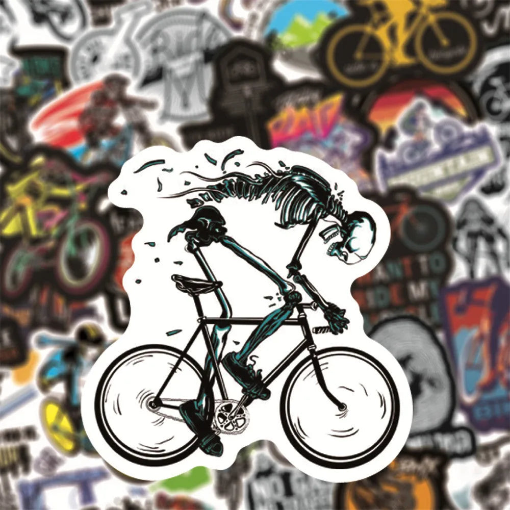 Pack of 50 colourful bicycle and mountain bike themed vinyl stickers on a backing sheet