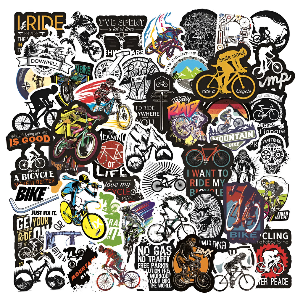 Pack of 50 colourful bicycle and mountain bike themed vinyl stickers on a backing sheet