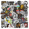 Pack of 50 colourful bicycle and mountain bike themed vinyl stickers on a backing sheet