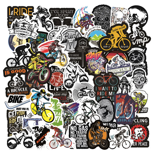 Pack of 50 colourful bicycle and mountain bike themed vinyl stickers on a backing sheet