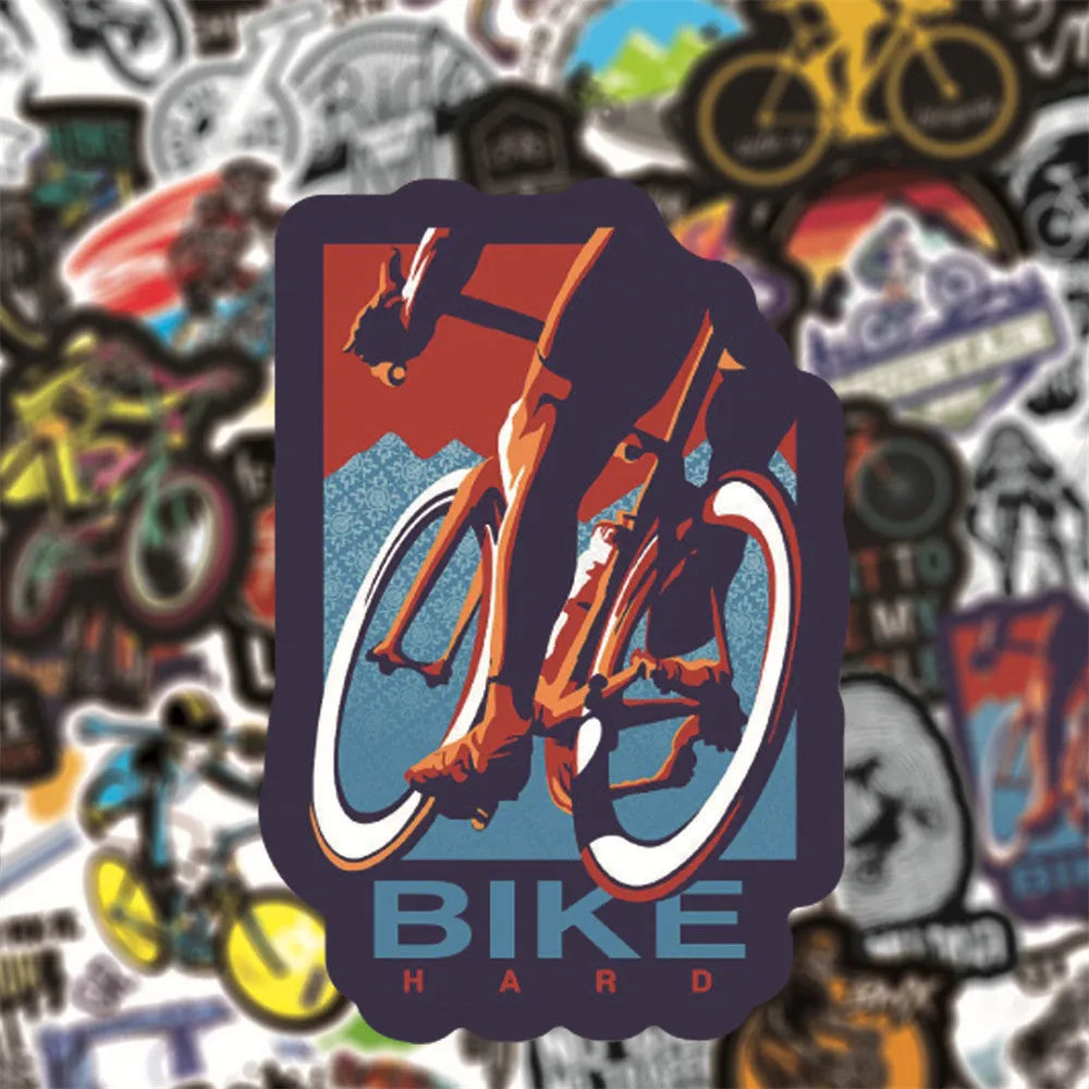 Pack of 50 colourful bicycle and mountain bike themed vinyl stickers on a backing sheet