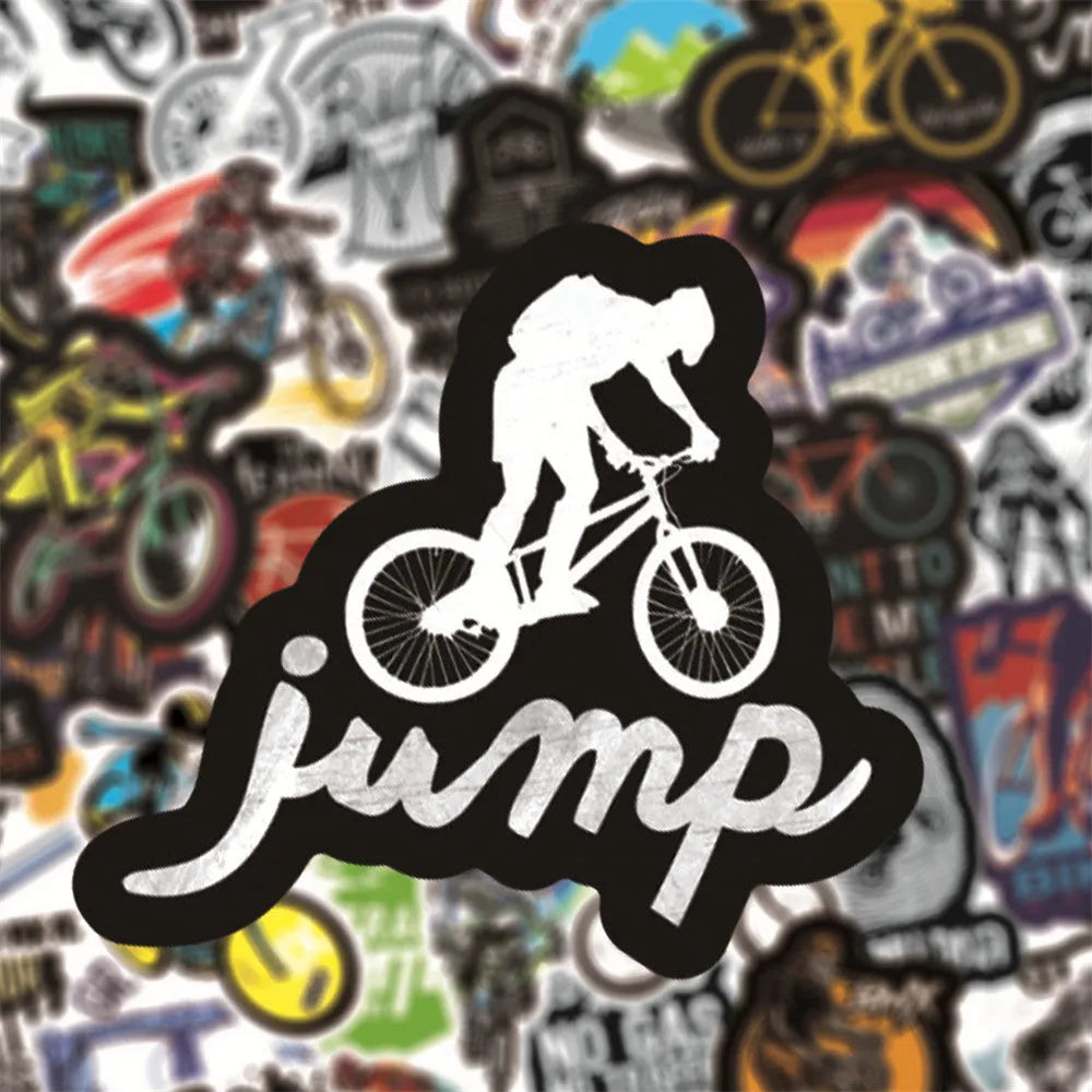 Pack of 50 colourful bicycle and mountain bike themed vinyl stickers on a backing sheet