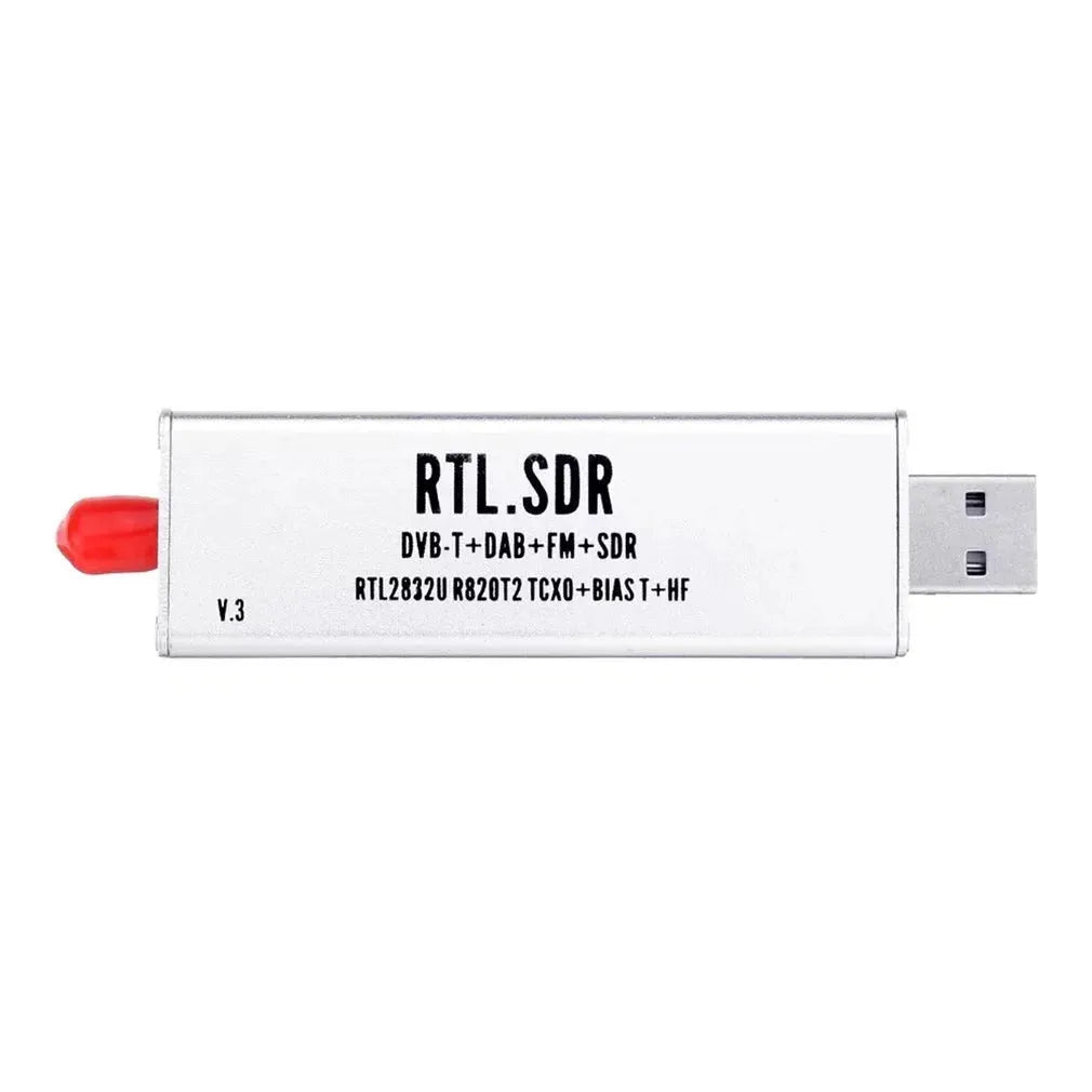 Black all-band software defined radio receiver with gold SMA connector for aviation ADS-B and broadcast signals.