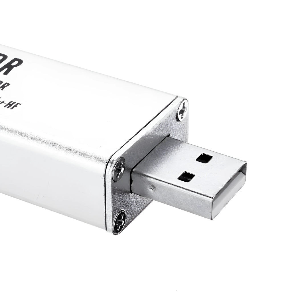 Black all-band software defined radio receiver with gold SMA connector for aviation ADS-B and broadcast signals.