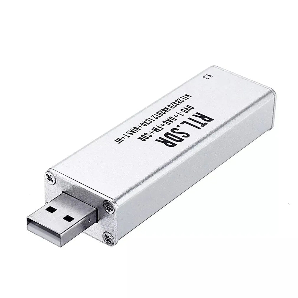 Black all-band software defined radio receiver with gold SMA connector for aviation ADS-B and broadcast signals.