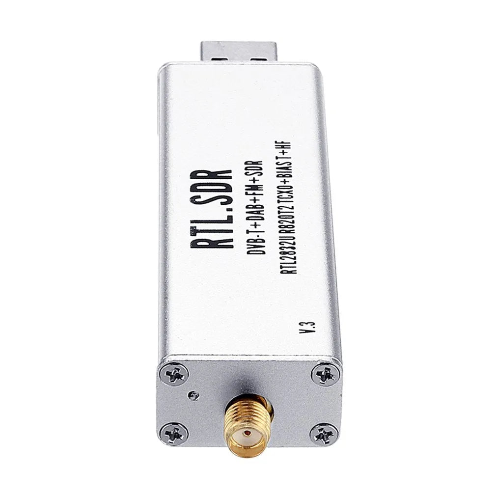 Black all-band software defined radio receiver with gold SMA connector for aviation ADS-B and broadcast signals.