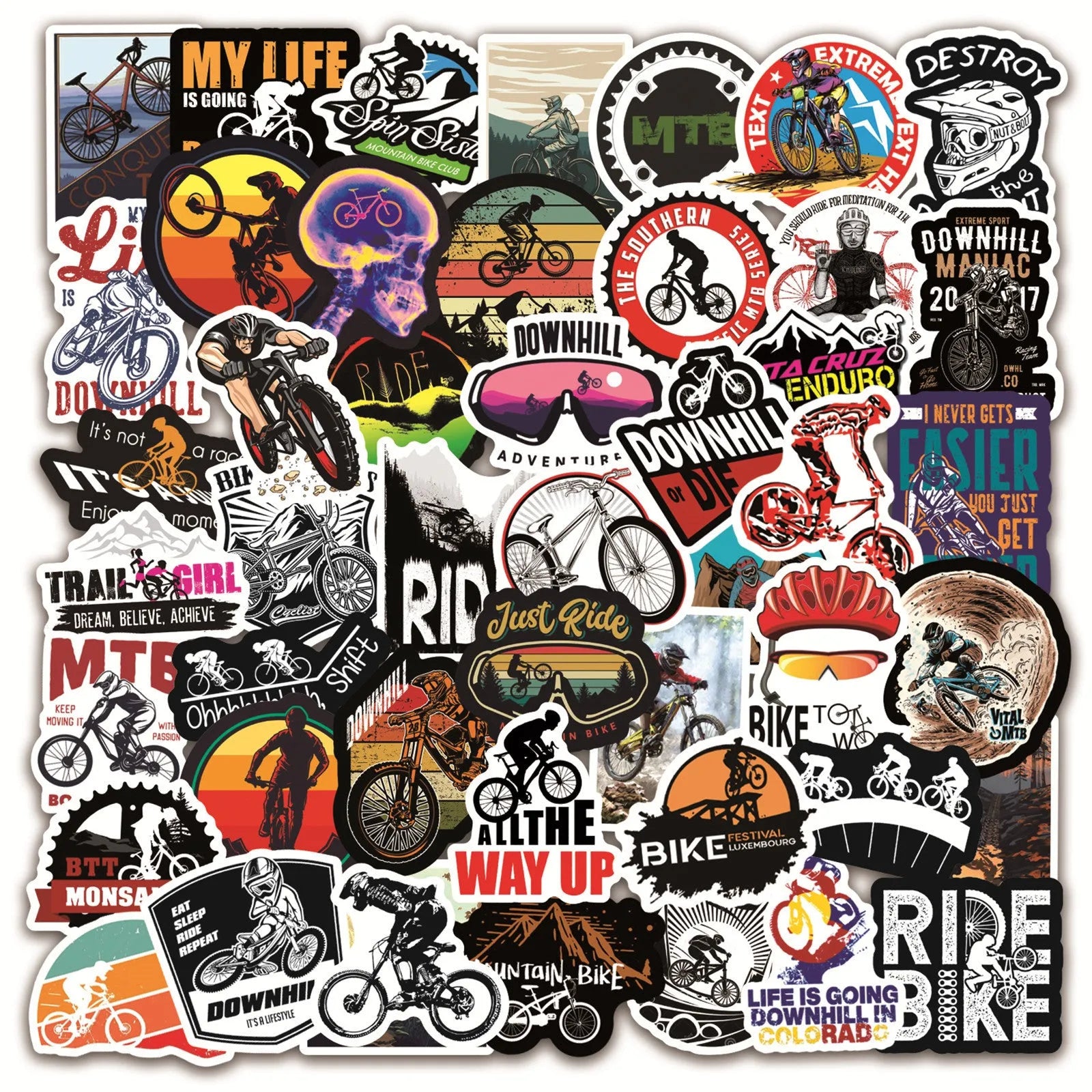 Pack of 50 colourful bicycle and mountain bike themed vinyl stickers on a backing sheet