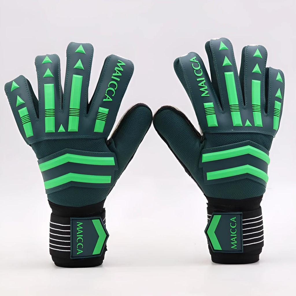 Green latex unisex goalkeeper gloves for football training, sizes 7-10
