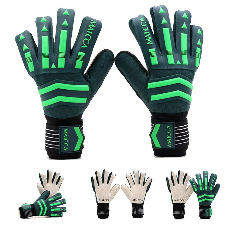 Green latex unisex goalkeeper gloves for football training, sizes 7-10