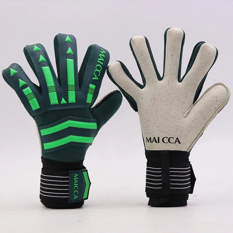 Green latex unisex goalkeeper gloves for football training, sizes 7-10