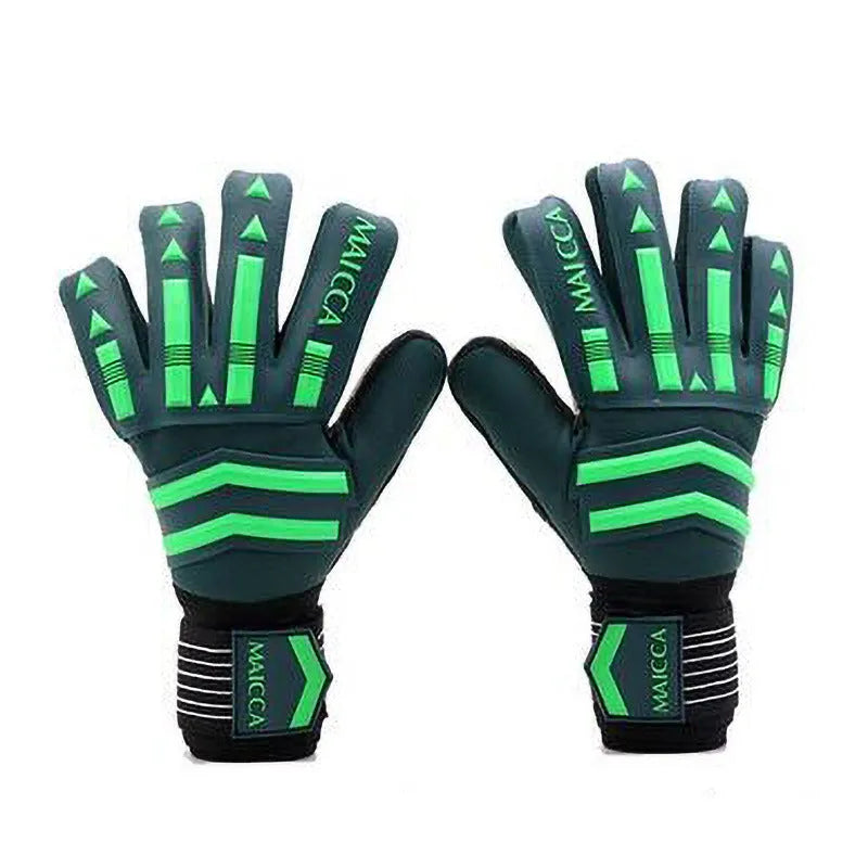 Green latex unisex goalkeeper gloves for football training, sizes 7-10