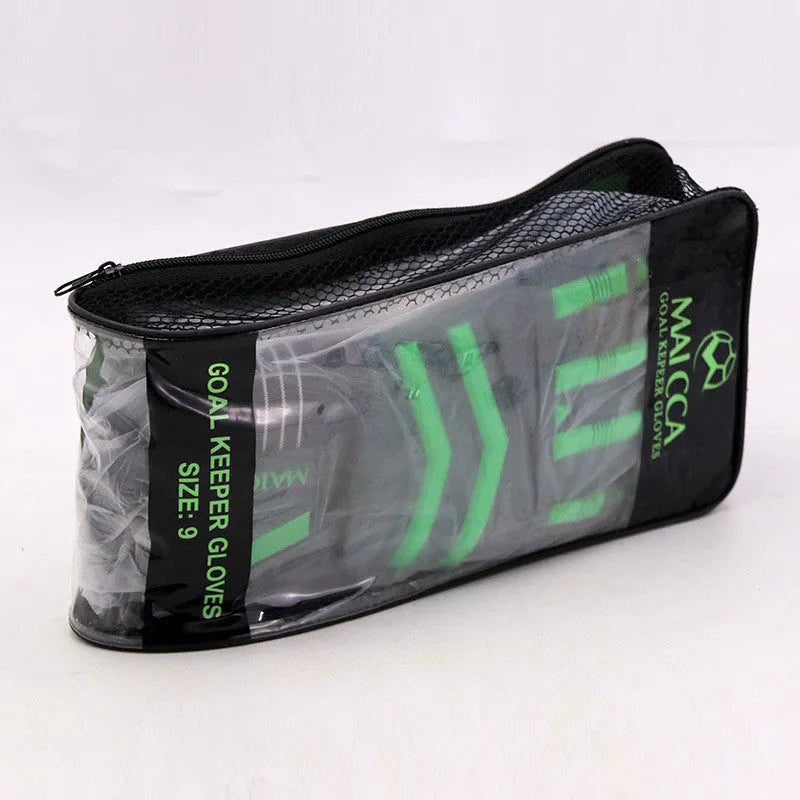 Green latex unisex goalkeeper gloves for football training, sizes 7-10
