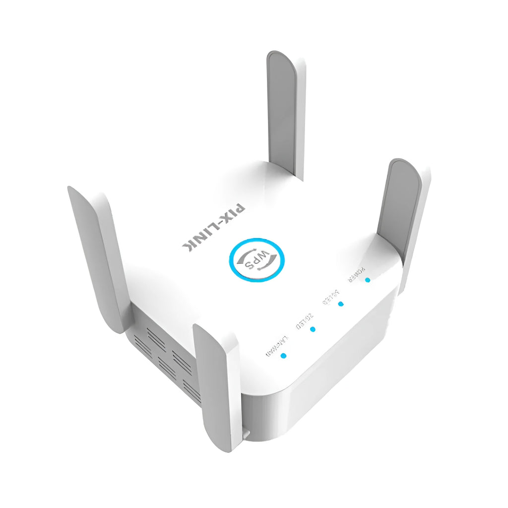 PIXLINK AC24 black and white dual-band wireless router with lightning protection and international power adapters