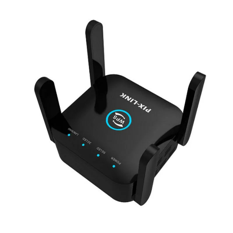 PIXLINK AC24 black and white dual-band wireless router with lightning protection and international power adapters