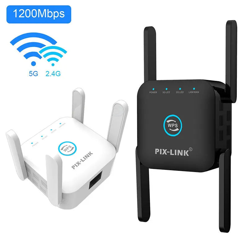 PIXLINK AC24 black and white dual-band wireless router with lightning protection and international power adapters