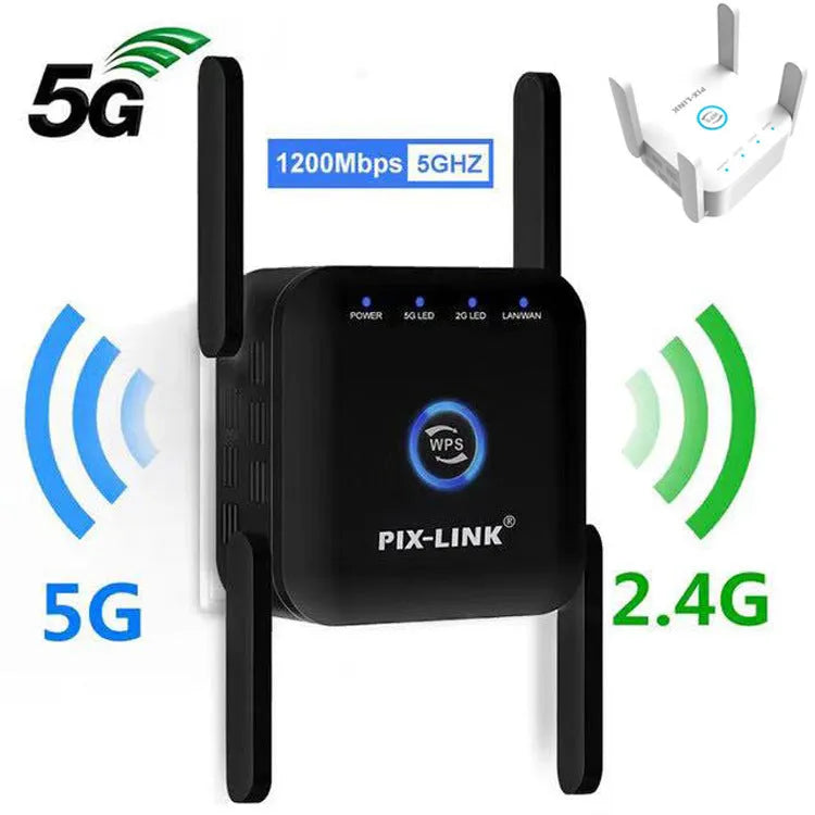 PIXLINK AC24 black and white dual-band wireless router with lightning protection and international power adapters