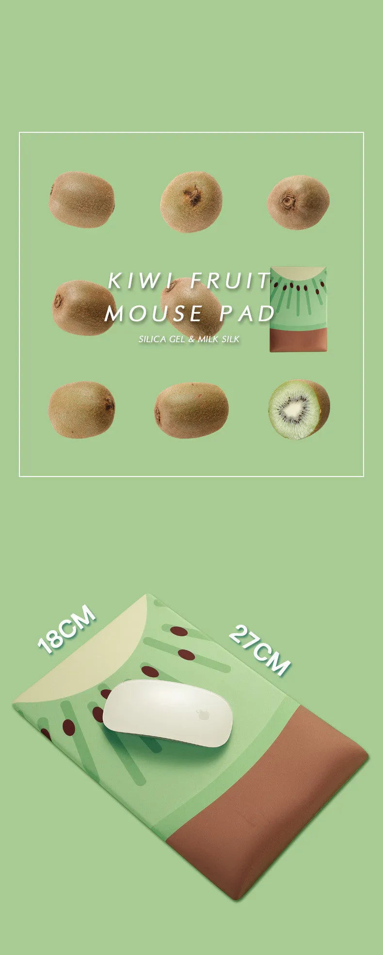 Kiwi fruit pattern mouse pad with silicone gel wrist cushion measuring 27cm by 18cm