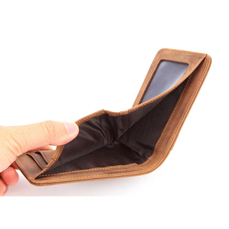 Brown mini leather wallet with RFID protection showing card slots and compact dimensions