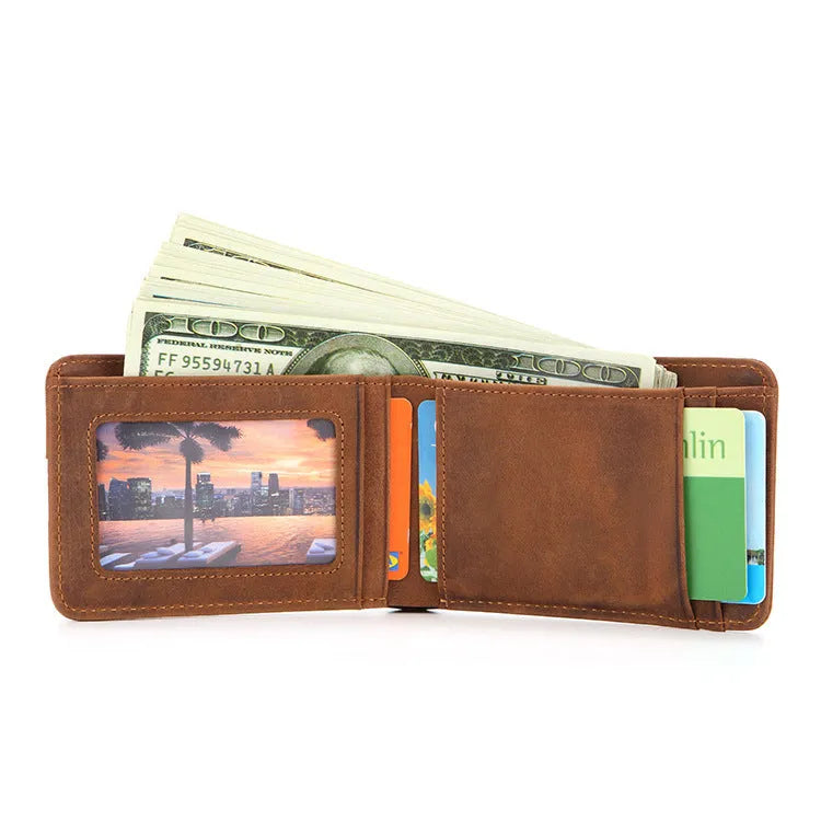 Brown mini leather wallet with RFID protection showing card slots and compact dimensions