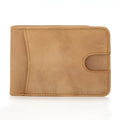 Brown mini leather wallet with RFID protection showing card slots and compact dimensions