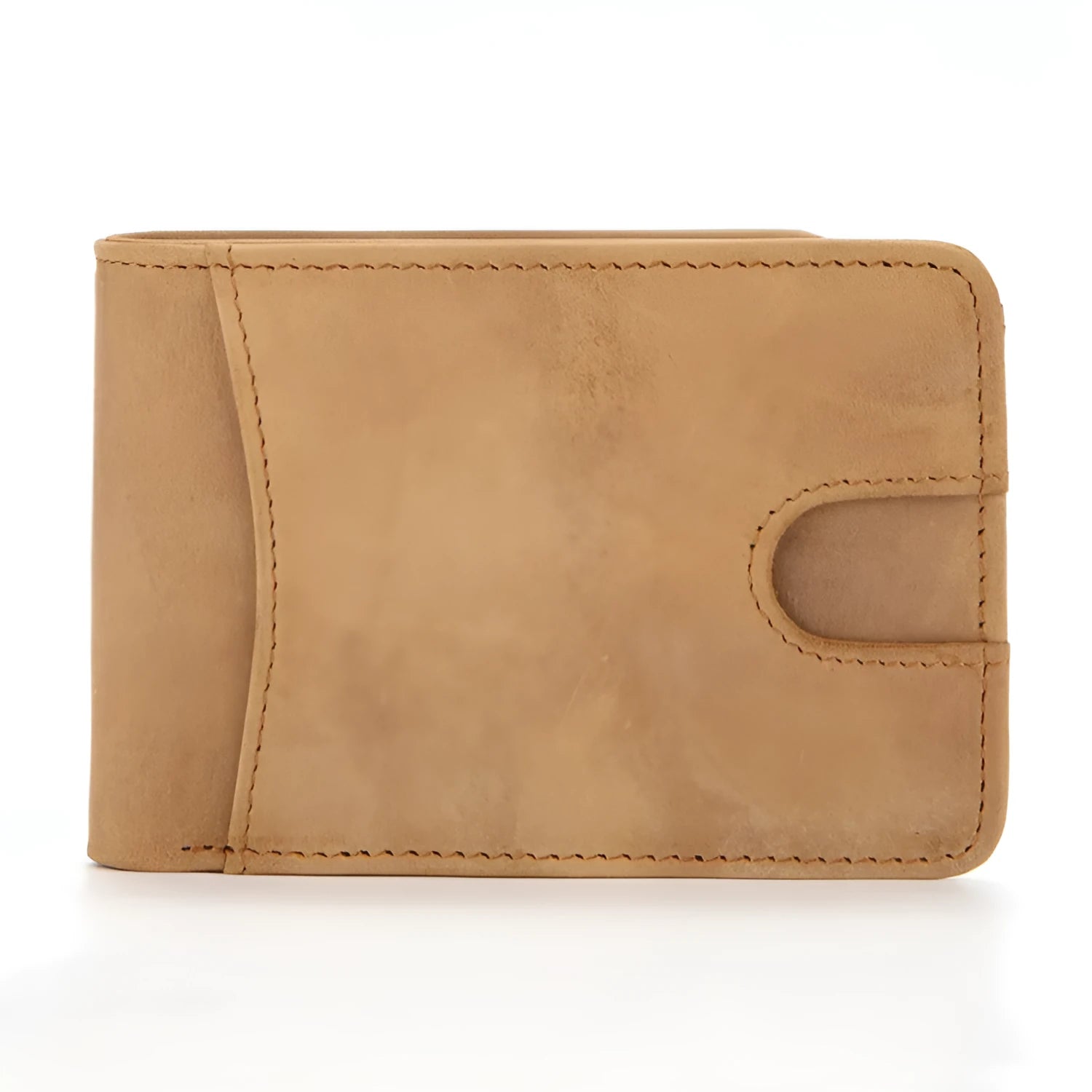 Brown mini leather wallet with RFID protection showing card slots and compact dimensions