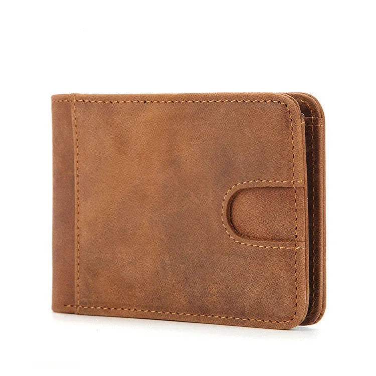 Brown mini leather wallet with RFID protection showing card slots and compact dimensions