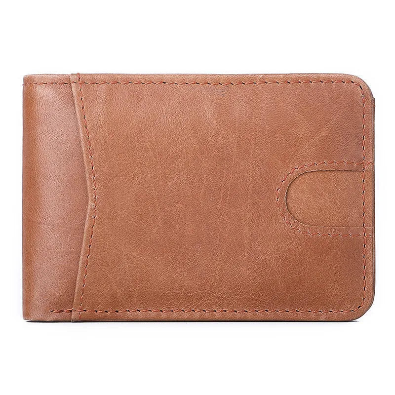Brown mini leather wallet with RFID protection showing card slots and compact dimensions