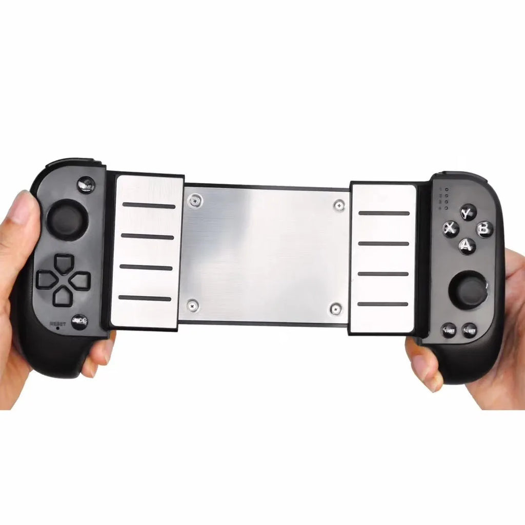 Cytec wireless Bluetooth telescopic game handle in black and red blue colours extended to hold a smartphone.