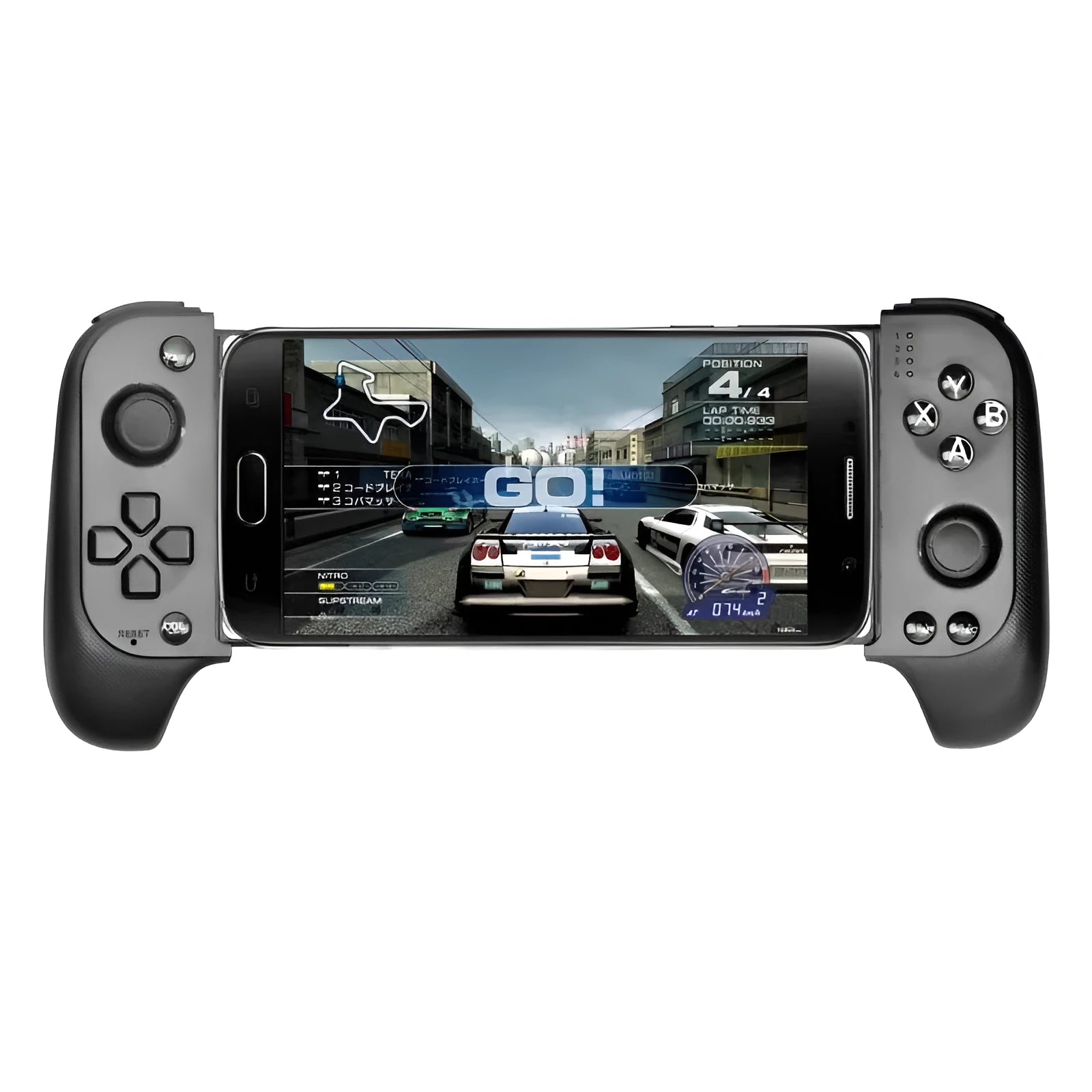 Cytec wireless Bluetooth telescopic game handle in black and red blue colours extended to hold a smartphone.