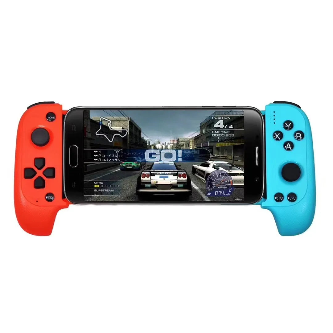 Cytec wireless Bluetooth telescopic game handle in black and red blue colours extended to hold a smartphone.