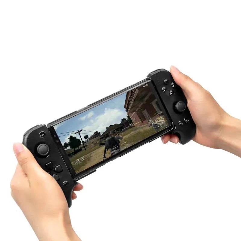 Cytec wireless Bluetooth telescopic game handle in black and red blue colours extended to hold a smartphone.