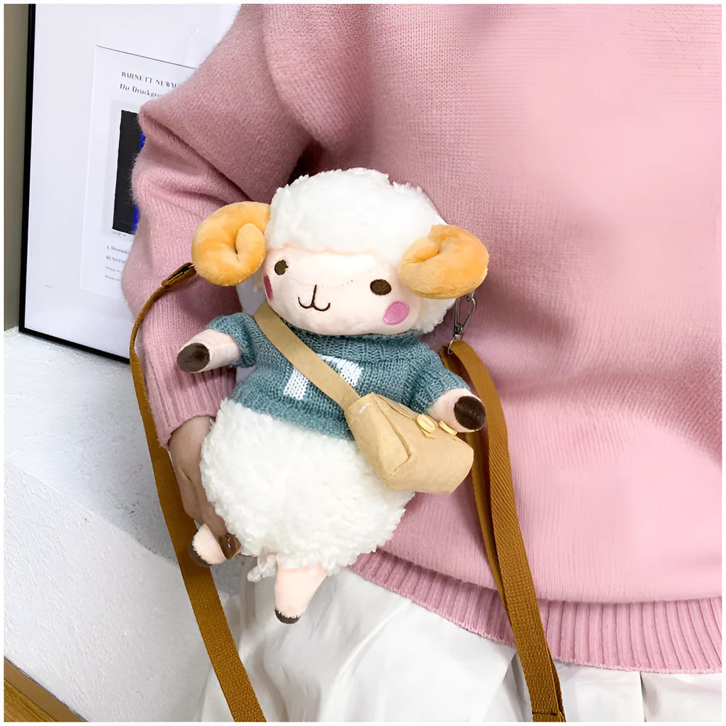 Little Sheep plush crossbody bag with lamb pattern and square vertical shape