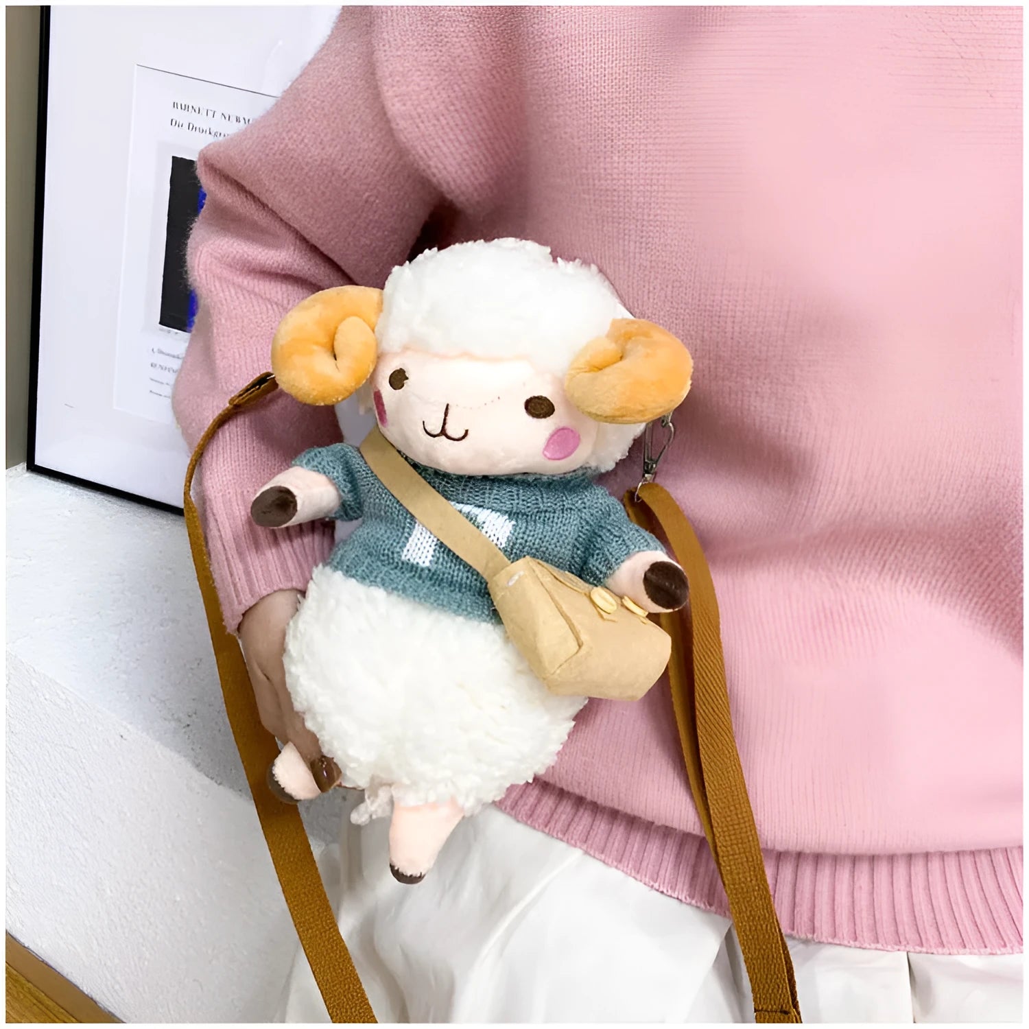 Little Sheep plush crossbody bag with lamb pattern and square vertical shape