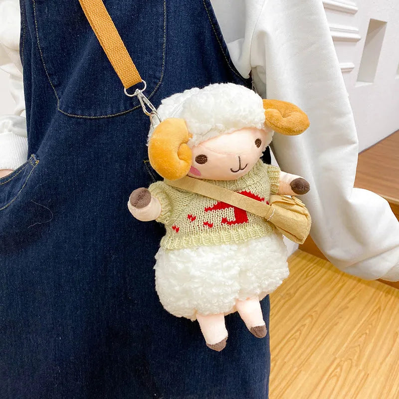 Little Sheep plush crossbody bag with lamb pattern and square vertical shape