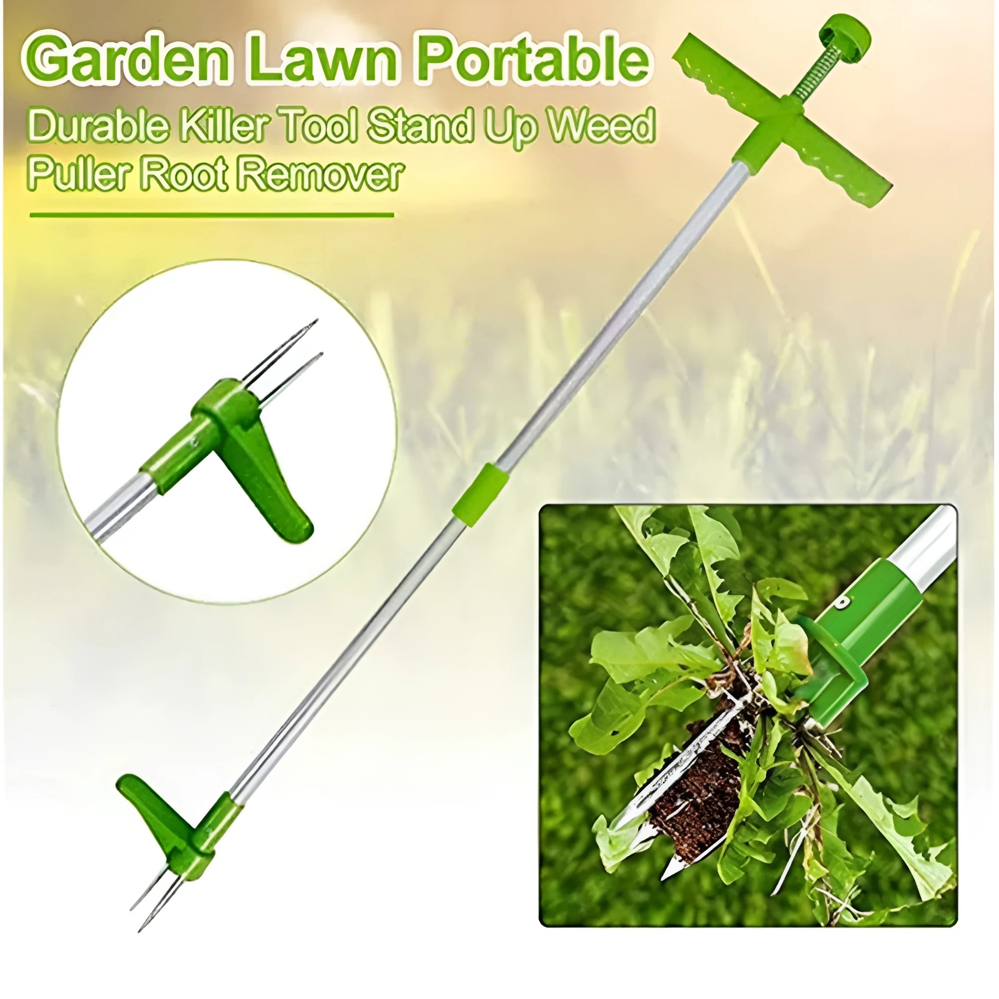 Manual gardening weeding tool with aluminium handle and plastic head for weed removal