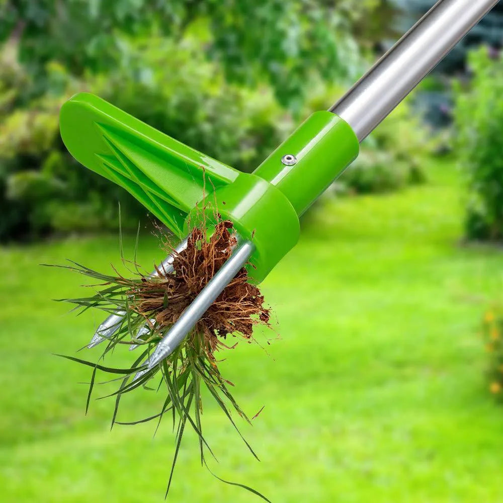 Manual gardening weeding tool with aluminium handle and plastic head for weed removal