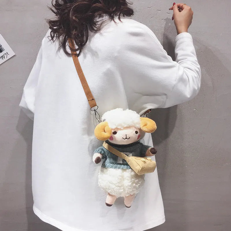 Little Sheep plush crossbody bag with lamb pattern and square vertical shape