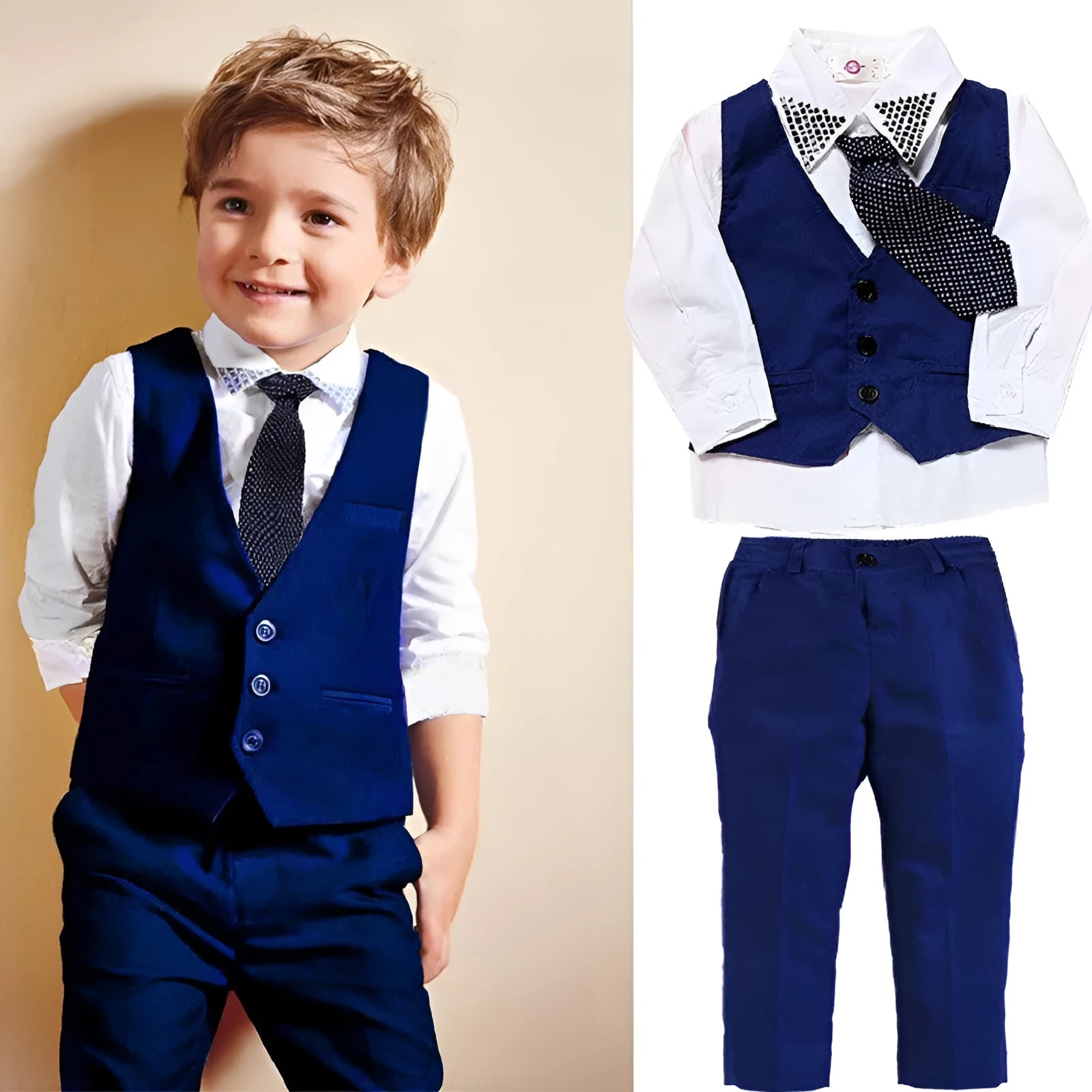 Boys' blue cotton blend clothing suit with vest, turtleneck, tie, and trousers