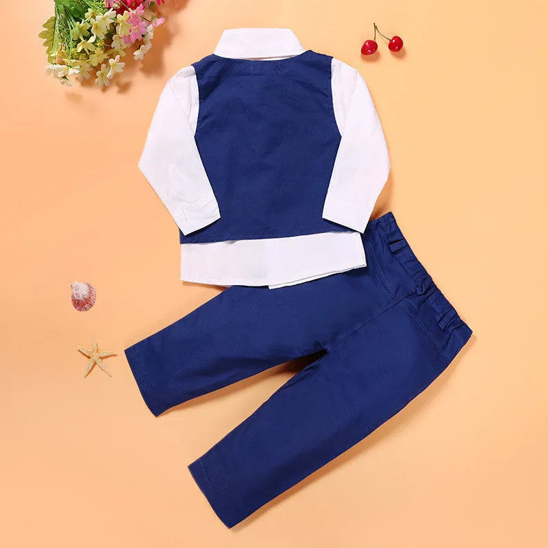 Boys' blue cotton blend clothing suit with vest, turtleneck, tie, and trousers
